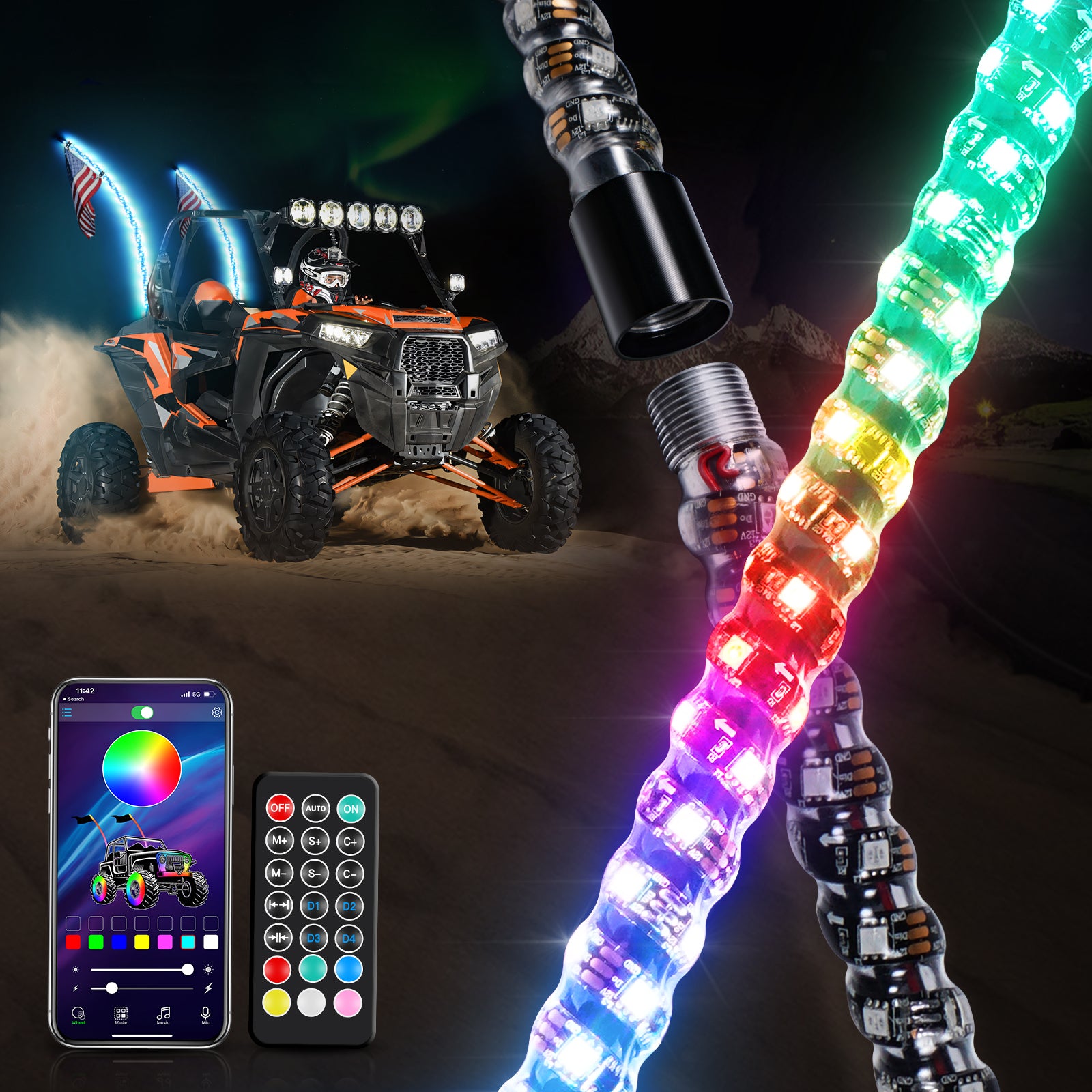 3FT LED RGB Whip Lights For ATV UTV Off road Vehicles