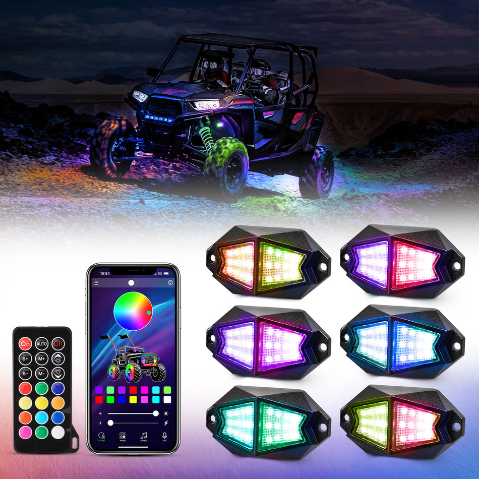 BEVINSEE 6/8 Pods Wide Angle RGB LED Rock Lights APP/Remote Control Neon LED Under Car Chase Lighting Kits for Off-Road UTV ATV Touring