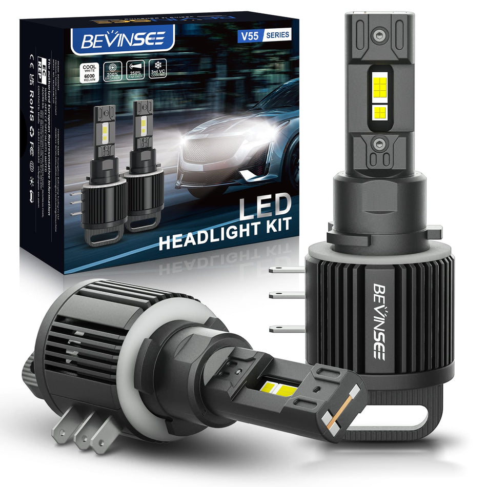 BEVINSEE V55 H15 LED Headlight Bulbs 6000K Super Bright White High Beam DRL Kit