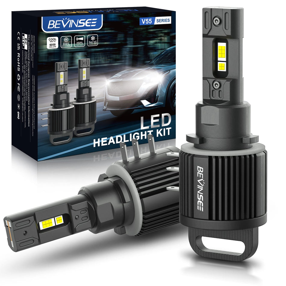 BEVINSEE V55 H15 LED Headlight Bulbs 6000K Super Bright White High Beam DRL Kit