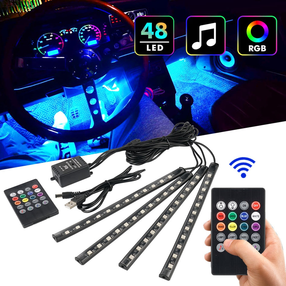 4x 5V 48LED RGB Car Interior LED Footwell Strip Lights Remote Control