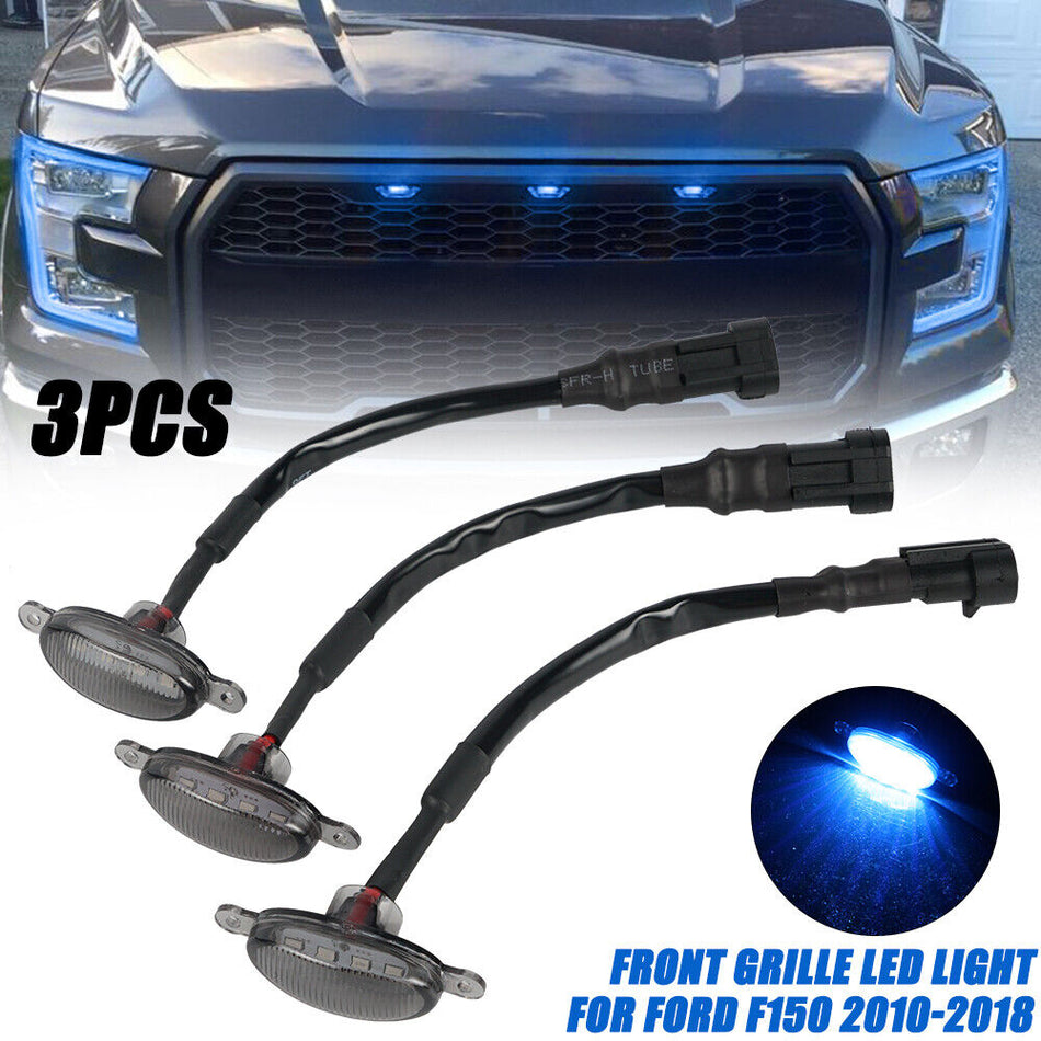 BEVINSEE 3 x Smoke LED Blue Lamp DRL Grille Light For Ford F150 Raptor 2010 2011 2012-2018