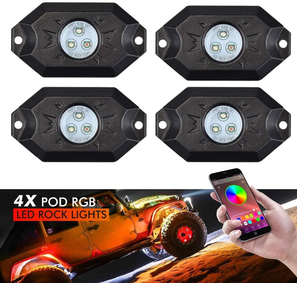 BEVINSEE RGB LED Rock Lights Bluetooth/APP Control for Trucks UTV ATV SUV, 4 Pods