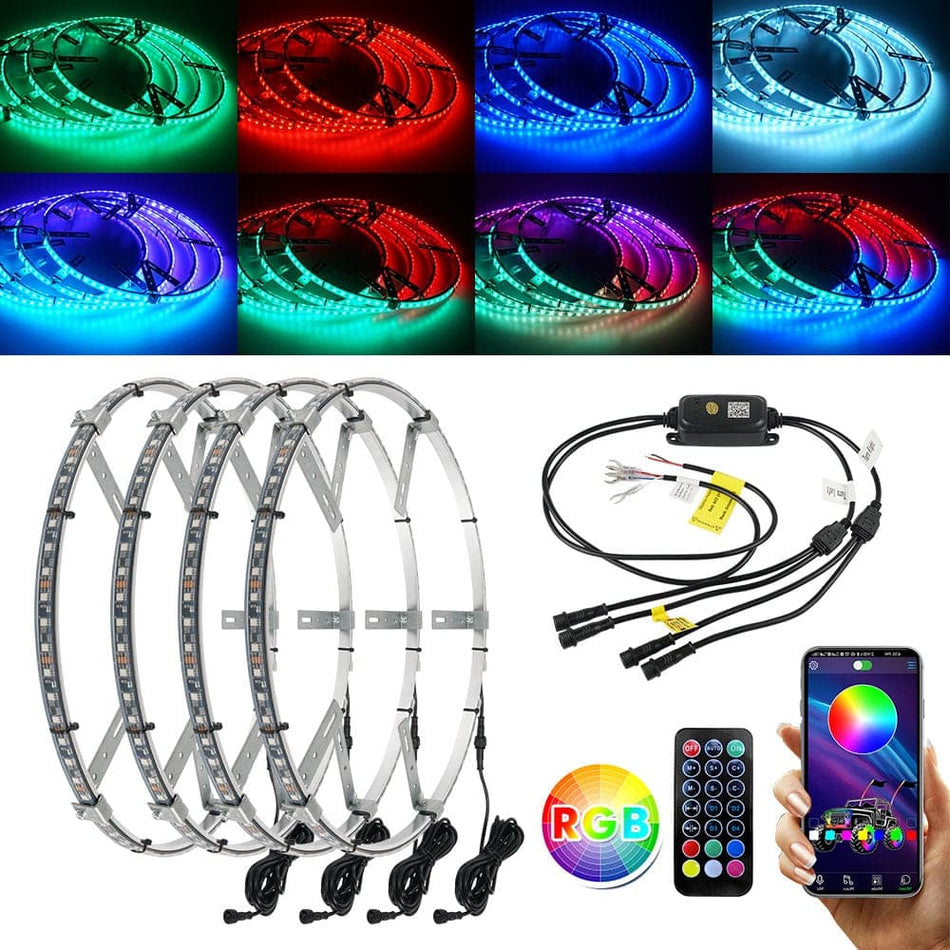 BEVINSEE 4x 15.5" RGB Shifting LED Car Wheel Rings Rim Light Brake Turn Signal Neon Lamp