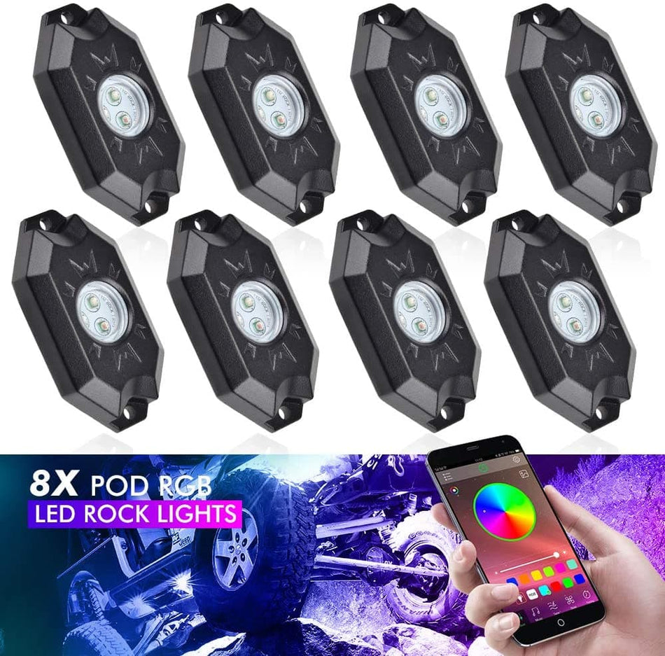 BEVINSEE RGB LED Rock Lights Bluetooth/APP Control for Trucks UTV ATV SUV | 8 Pods